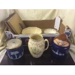 Two boxes of brass fire bucket, companion set, fire front, plated tray and box of Tetley jar,