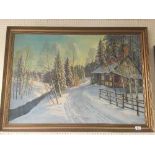 A gilt framed oil - winter woodland by Karl Peterson and two others