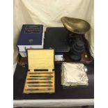 A large oak twin handled tray, set of Salter scales and weights, cased knives, books,