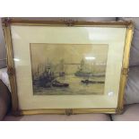 A gilt framed picture - boats with tower bridge beyond by Arthur Y Burgers