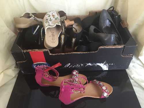 A box of assorted lady's shoes and a pair of Gabor boots