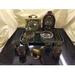 A tray of Tempus Fugit mantel clock, brass and marble Tempora mantel clock, pewter glasses,