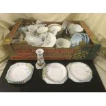 Three boxes of tea china, Denby plates, serving dishes, Wade whiskey decanter,