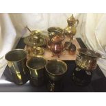 A tray of quantity of brass ware - planters, candlesticks,