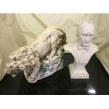 A Parian bust and a chalk figure - lion on rock