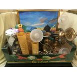 Two boxes of metal ware - copper scale, brass lamp, pair of reproduction fencing foils,