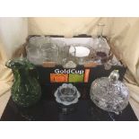 A large oversized brandy glass and two boxes of cut glass, glasses,