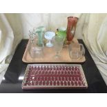 A tray of hand painted ruby glass vases, drinking goblets,
