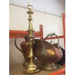 A large brass table lamp,