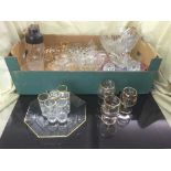 Two boxes of glass storage jars, decanter, glasses,