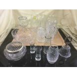 A tray of quantity of crystal vases, preserve pots,