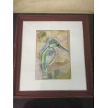 A mahogany framed watercolour of a kingfisher and seven other assorted prints