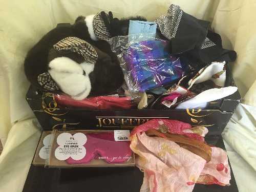 A box of lady's silk scarves, eye masks, gloves,