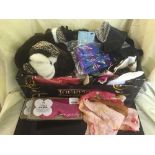 A box of lady's silk scarves, eye masks, gloves,