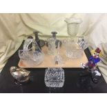 A pair of field glasses, pewter candlesticks, money box, Murano style clown,