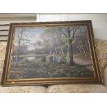 A gilt framed oil - two girls in woodland and one other picture