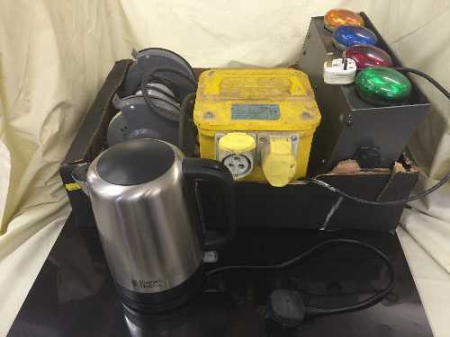 A box of power transformer, disco light, kettle,