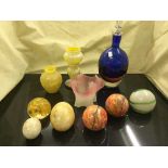 A tray of marble eggs, studio glass vases, paperweight,