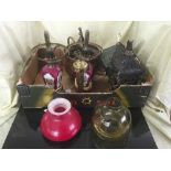 A box of assorted oil lamps, wall lights,