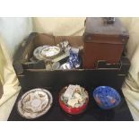 Two boxes of 78's, leather case, claret jug, ginger jars,