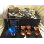 Two boxes of ice bucket, cutlery, spot lamps, stainless steel ware,