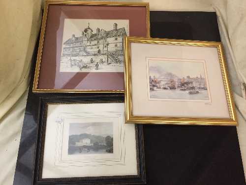 A box of assorted pictures, prints, gilt framed map, unframed oil on board - winter landscape,