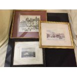 A box of assorted pictures, prints, gilt framed map, unframed oil on board - winter landscape,