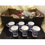 Two boxes of cranberry glass dish, Ringtons mugs, collector's plates, china planters,