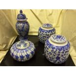 A box of reproduction blue and white temple jars, pumpkin jar, lidded vase,