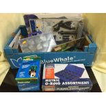 A box of Draper pressure washer attachments, Draper metric ring assortment, strimmer wire,