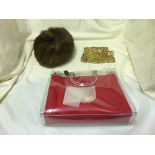 A box of lady's Susie Smith hand bag, table linen,