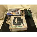 A box of assorted hand and garden tools, Black & Decker paint stripper, electric drill,