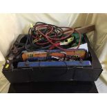 A box of hand tools, socket sets, jump leads,