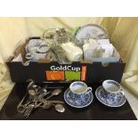 Four boxes of cutlery, dinner ware, glass ware,