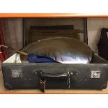 A vintage case containing parasol, carved chess board, Edwardian mirror,