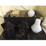 Two boxes of light shades, teasmade, barometer,