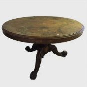 A Victorian walnut breakfast table, on pedestal support, diameter 130 cm,