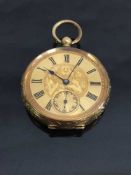 A 14ct gold fob watch with chased decoration, 35.1g.