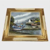 Jean-Pierre Bertraux-Marais : Fishing boats at low tide in a harbour, oil on canvas, signed,