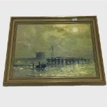 Twentieth Century English School : A jetty at sunset, oil on board, indistinctly signed,