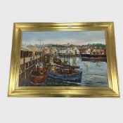 Gerald Hodgson : Fishing boats in a harbour, oil on board, signed, 49 cm x 74 cm, framed.