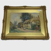 John Atkinson : A mother and daughter outside a thatched cottage, watercolour and bodycolour,