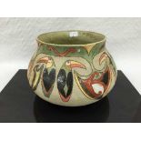 Jill Fanshawe Kato: A large stoneware jardiniere, polychrome decoration with abstract exotic bird,