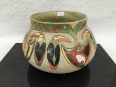 Jill Fanshawe Kato: A large stoneware jardiniere, polychrome decoration with abstract exotic bird,