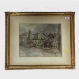 George Edward Horton : Street scene with figures outside shops, watercolour, signed, 30 cm x 37 cm,