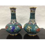 A pair of Chinese gilt bronze cloisonne vases, decorated with fish and crustaceans,