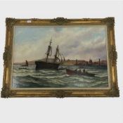 Stuart Henry Bell : Shipping off Sunderland Harbour, oil on canvas, signed, 59 cm x 90 cm, framed.