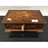 A twentieth century mahogany, burr walnut and satinwood inlaid music box, with key.