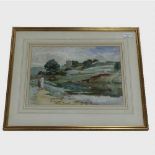 Robert Jobling : A mother and child walking along a riverbank, watercolour, signed, 27 cm x 36 cm,