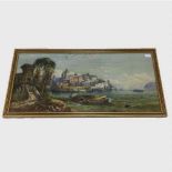 Late nineteenth Century Italian School : Boats in an estuary with a fortified town beyond,